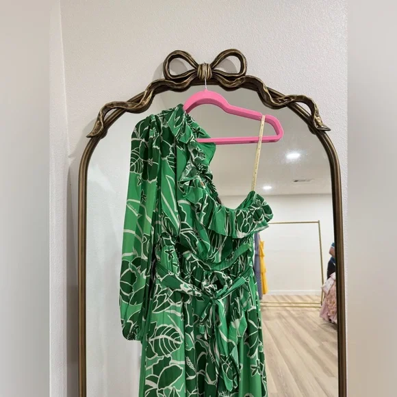 Farm Rio x Anthropologie Printed One-Shoulder Green Floral Ruffle Dress